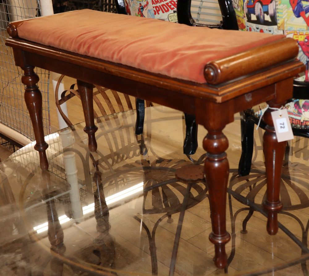 A Victorian mahogany scroll end window seat, W.91cm D.28cm H.50cm